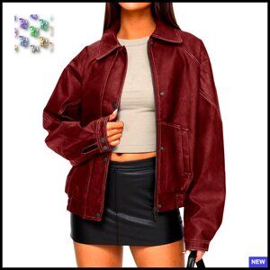 Faux Leather Bomber Jacket Oversized Retro Moto Biker Chic Winter Coat